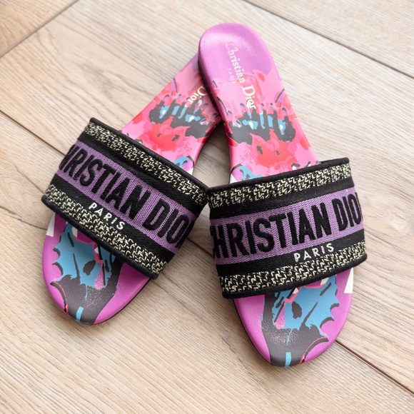 DIOR Canvas D-Flower Pop Embroidered Dway Flat Slide Sandals 38.5 - Picture 5 of 9